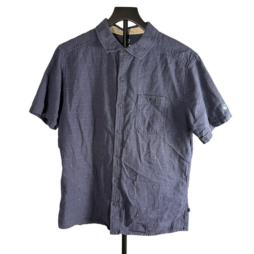 Kuhl Mens Blue Embroidered Diamond Short Sleeve Button Down Shirt Medium Linen